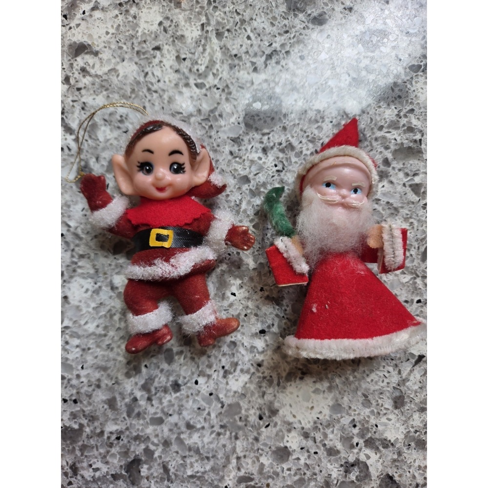 Set Of 2 Vintage Flocked Christmas  Santa And Pixie Elf Retro